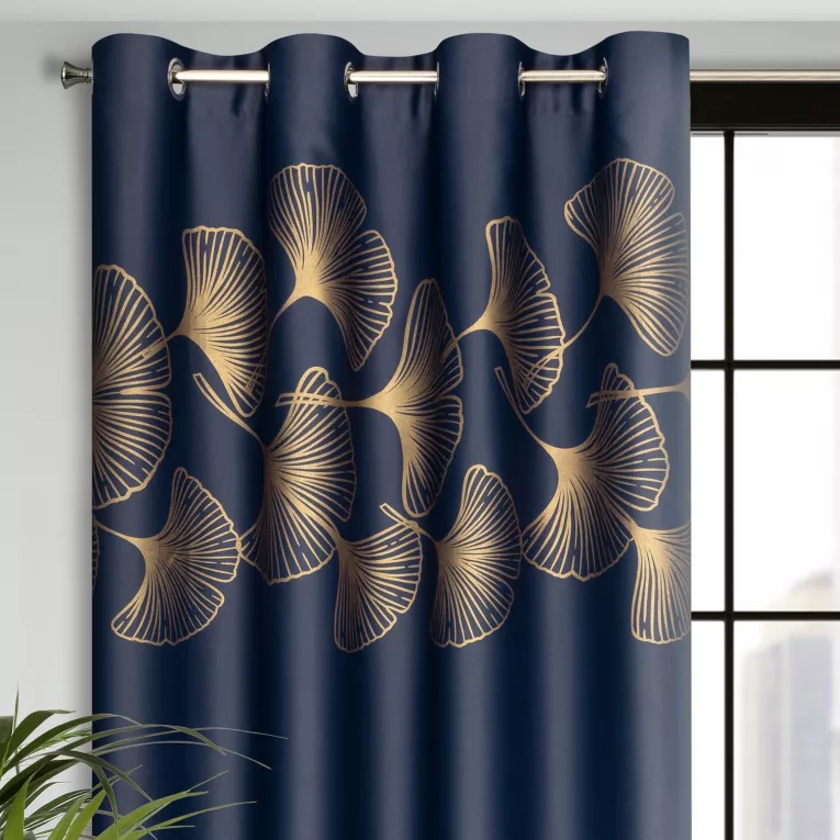 Zasłona granatowa ze złotym wzorem liści ginko, zaciemniająca 140x250 cm przelotka - HARMONY