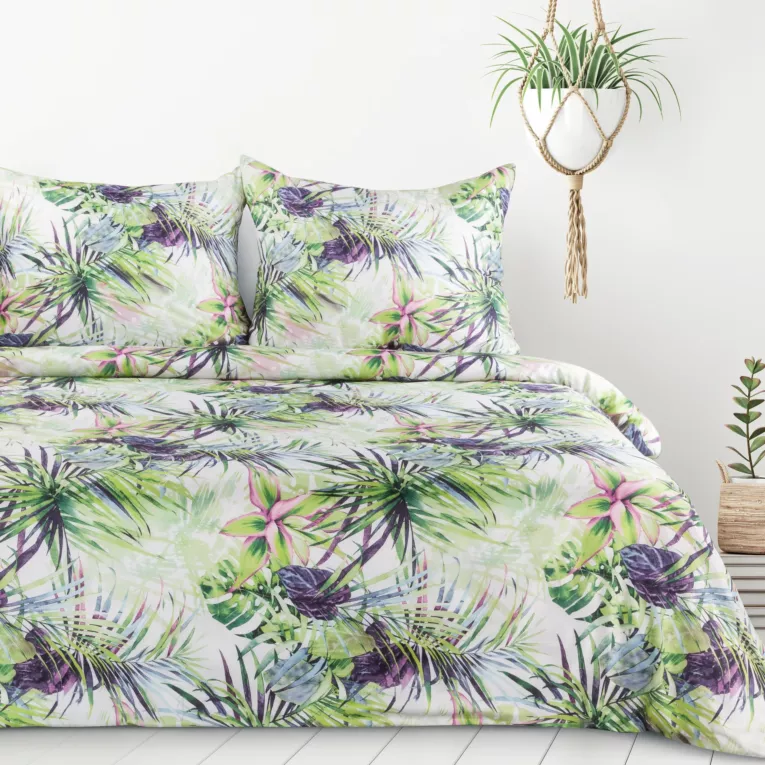 Pościel 140x200 cm z mikrofibry kolor jasnozielony, biały zdobiona botanicznym wzorem ROMMY Design 91