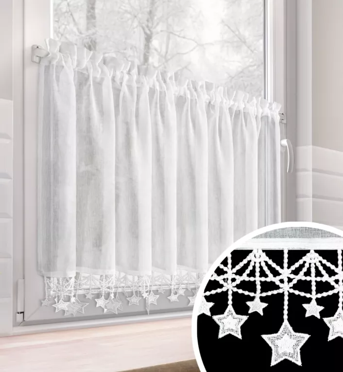 Zazdrostka biała z etaminy zdobiona świątecznymi gwiazdkami  150x60 cm tunel - XMAS