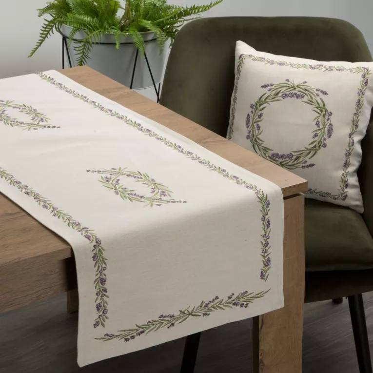 Bieżnik na stół naturalno, jasnofioletowy 45x140 cm gobelinowy z motywem lawendy