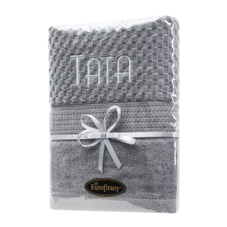 Zestaw upominkowy, ręcznik bawełniany 50x90 cm kolor stalowy z haftem TATA