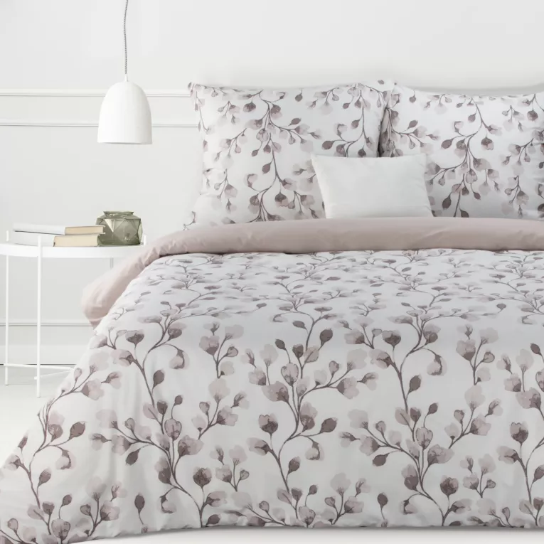 Pościel 160x200 cm bawełniana kolor biały, jasnobrązowy z wzorem botanicznym SARA 23