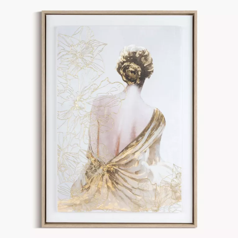 Obraz kremowo, złoty dekorayjny z artystycznym motywem postaci oprawiony w ramę 50x70 cm