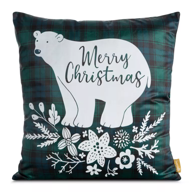 Poszewka na poduszkę 60x60 cm welwetowa, zielono biała z nadrukiem z misia CHERRY