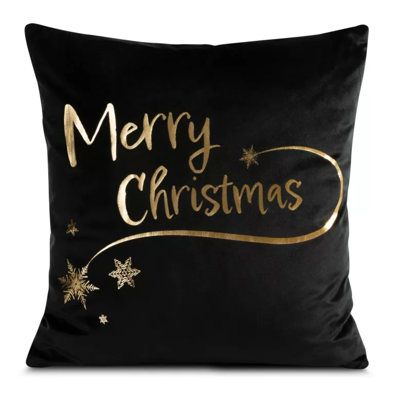 Poszewka na poduszkę 45x45 cm welwetowa, czarno złota świąteczna zdobiona złotym nadrukiem ASTRA
