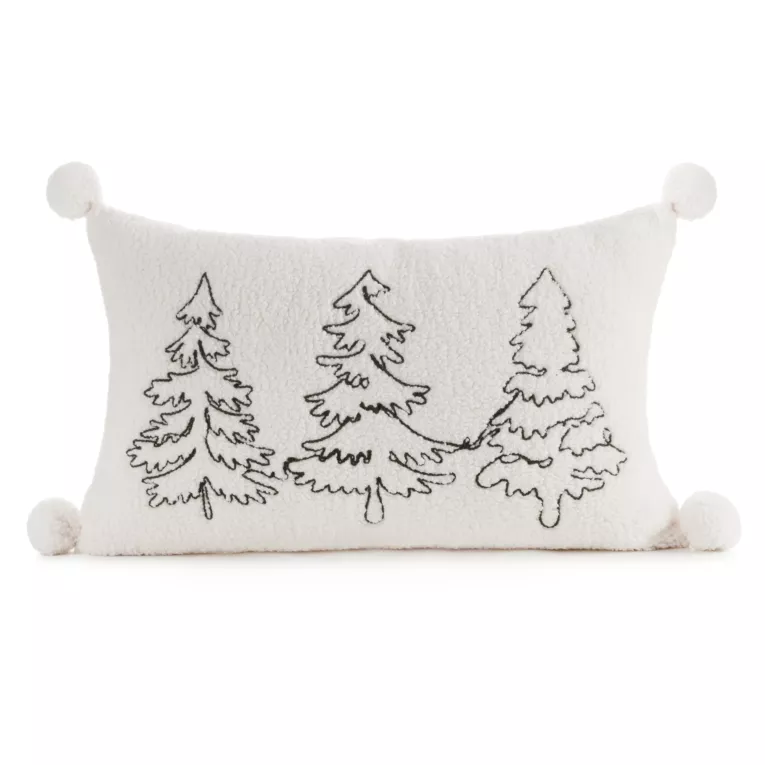 Poszewka na poduszkę świąteczna 30x50 cm biało, zielona z tkaniny typu bukla zdobiona haftem i pomponami