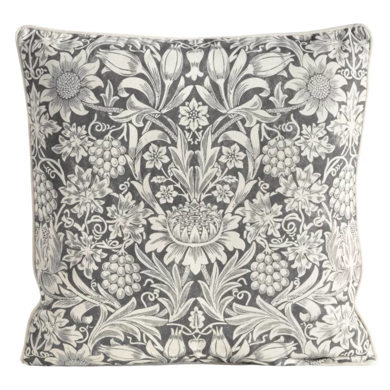 Poszewka na poduszkę 50x50 cm bawełniana z dodatkiem lnu zdobiona nadrukiem roślinnym stalowo, kremowa LEN