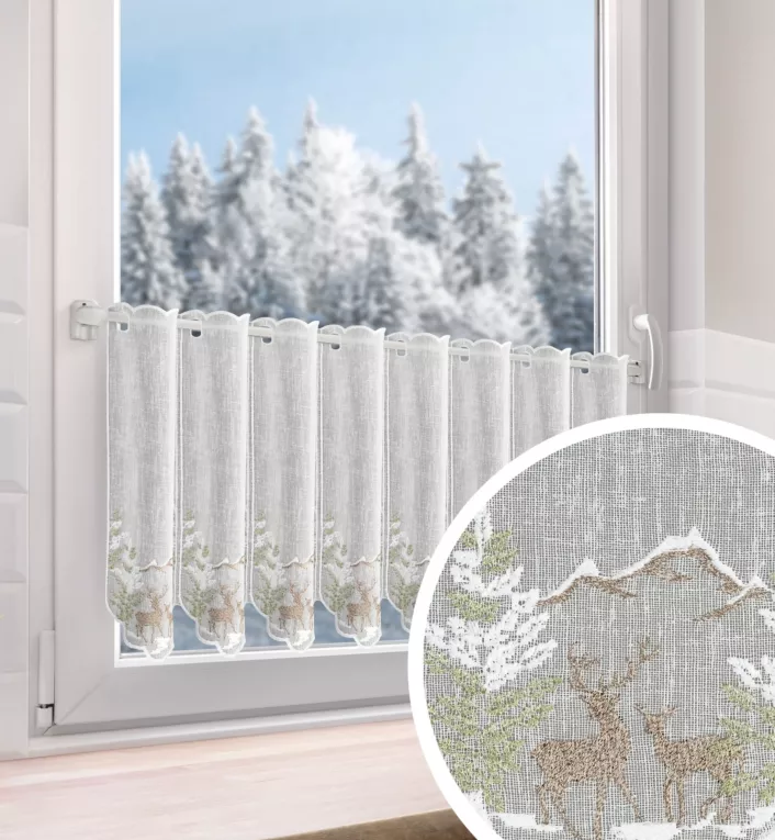 Tkanina firanowa zazdrostka zdobiona świątecznym zimowym haftem z Jelonkami