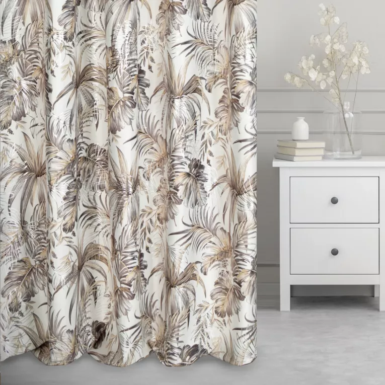 Tkanina zasłonowa  welwetowa, z nadrukowanym motywem botanicznym i błyszczącymi elementami