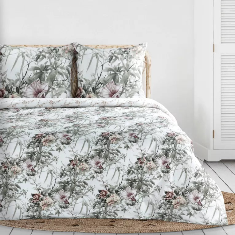 Pościel 220x200 cm bawełniana kolor biały, stalowy dwustronna z wzorem botanicznym NIKA 53