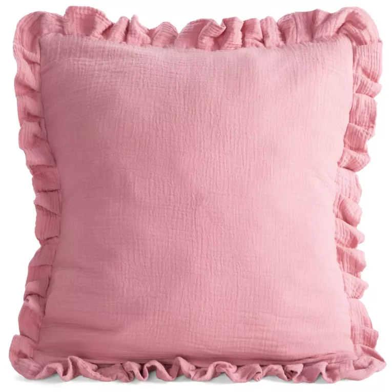 Poszewka na poduszkę 45x45 cm muślinowa z ozdobną falbanką na brzegach różowa MUŚLIN 1