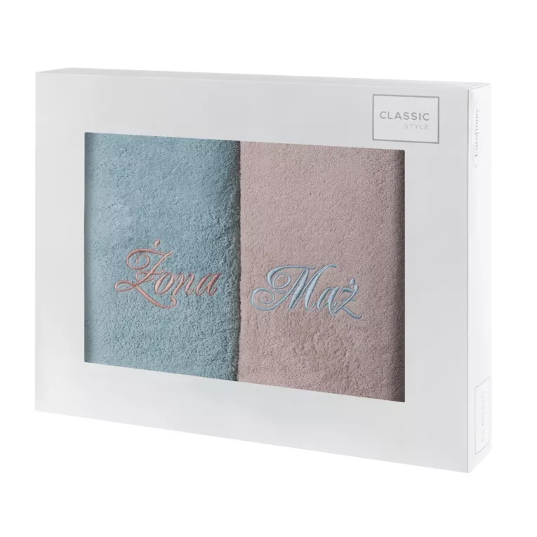 Zestaw ręczników bawełnianych na prezent 2 szt z haftem Żona i Mąż kolor pudrowy róż,miętowy 400 g/m2