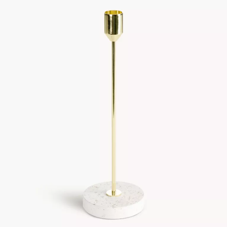 Świecznik dekoracyjny złoto, kremowy o smukłym uchwycie i kamiennej podstawie średnica 8x26 cm KORI