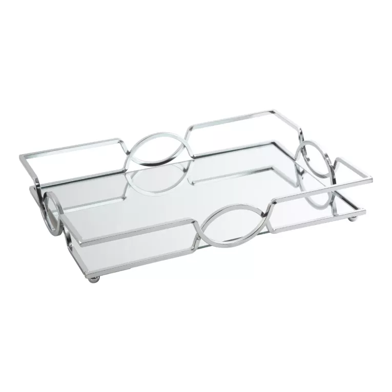 Taca dekoracyjna LETA z lustrzanym blatem i metalowym obrzeżem w stylu art deco, srebrna