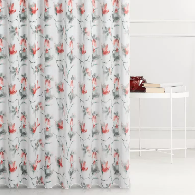 Tkanina firanowa matowa,  etamina, z malarskim kwiatowym nadrukiem