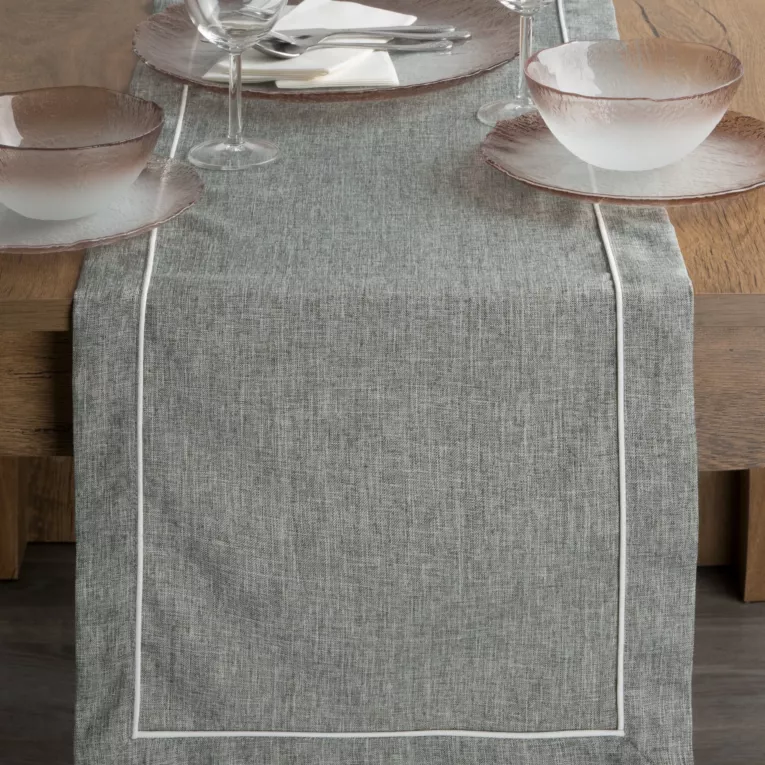 Bieżnik na stół biało, popielaty 40x140 cm MEGI zdobiony lamówką