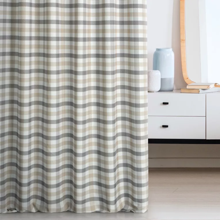 Zasłona szyta na tunelu beżowo grafitowa z tkaniny o naturalnym splocie z nadrukowanym wzorem w kratę