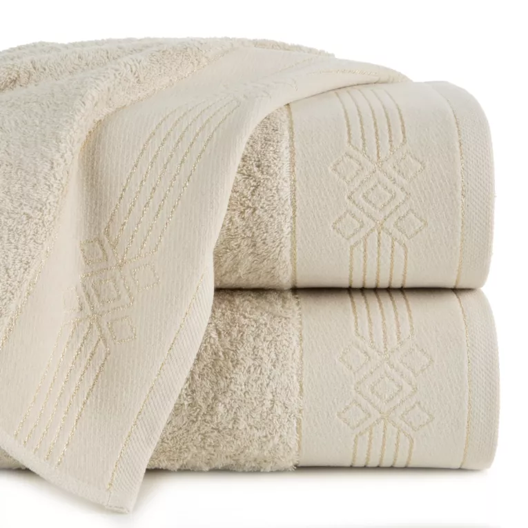 Ręcznik KAMELA bawełniany z bordiurą z geometrycznym ornamentem utkanym srebrną nicią