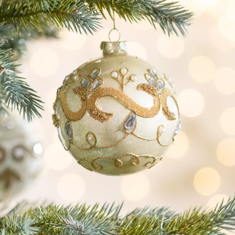 Bombka szklana ręcznie zdobiona lśniącym wzorem