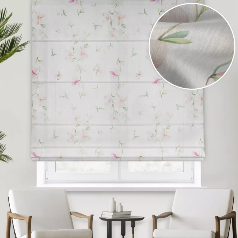 Roleta rzymska biało jasnopomarańczowa z miękkiej tkaniny batystowej z nadrukiem w magnolie