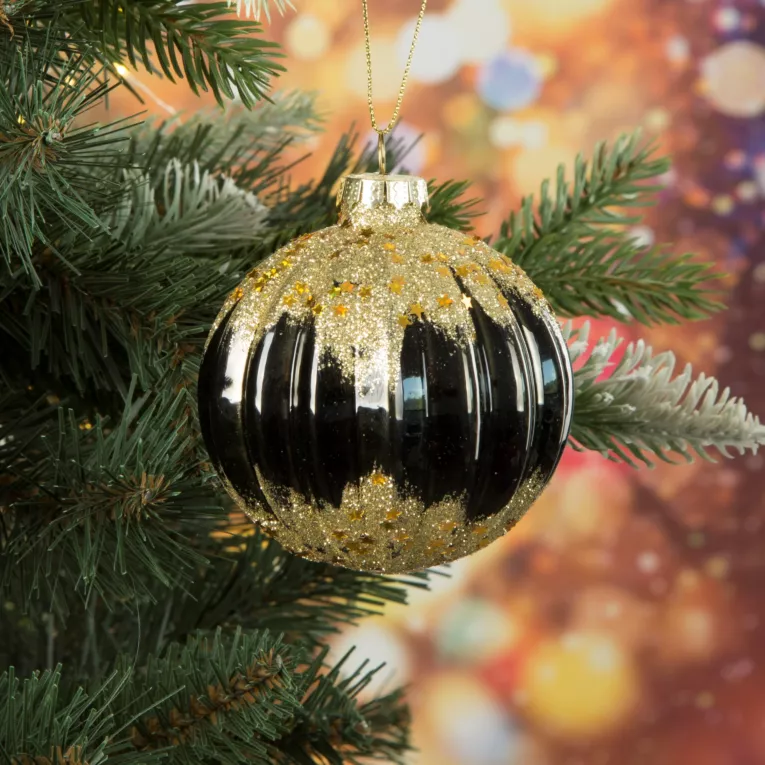 Bombka szklana z wytłaczanym wzorem dekorowana złotym brokatem