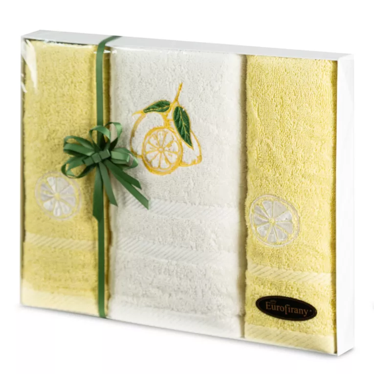Zestaw ręczników bawełnianych na prezent 2 szt 30x50 cm, 1 szt 50x90 cm kolor żółty, beżowy z uroczym haftem cytryn