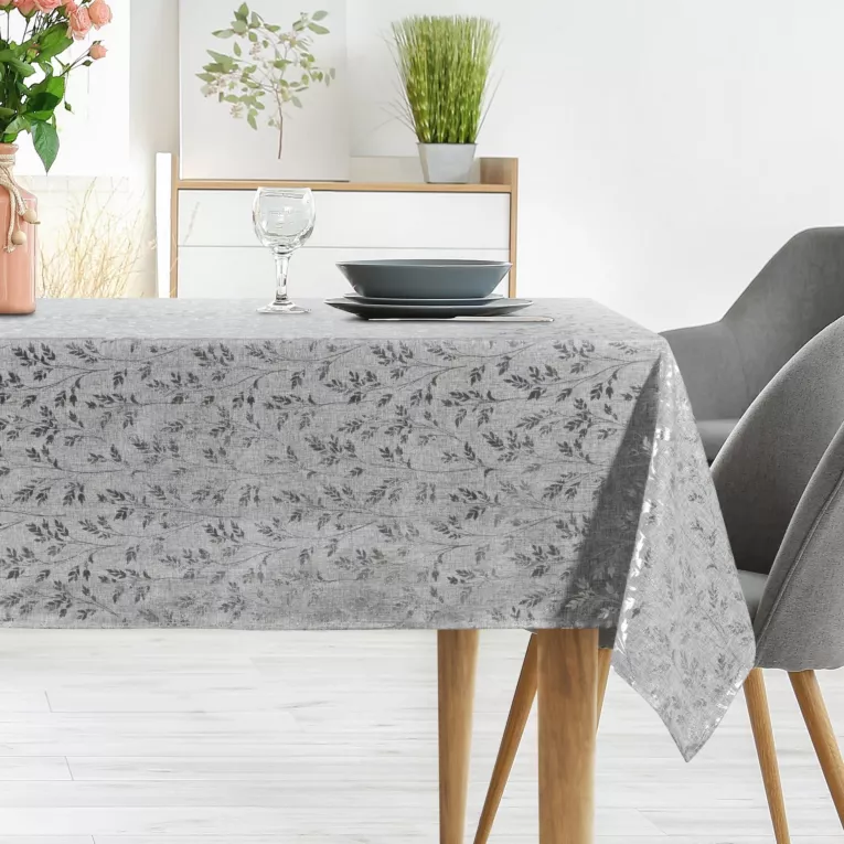 Obrus srebrny 140x220 cm z przyjemnej tkaniny SIMONA zdobiony błyszczącym wzorem gałązek