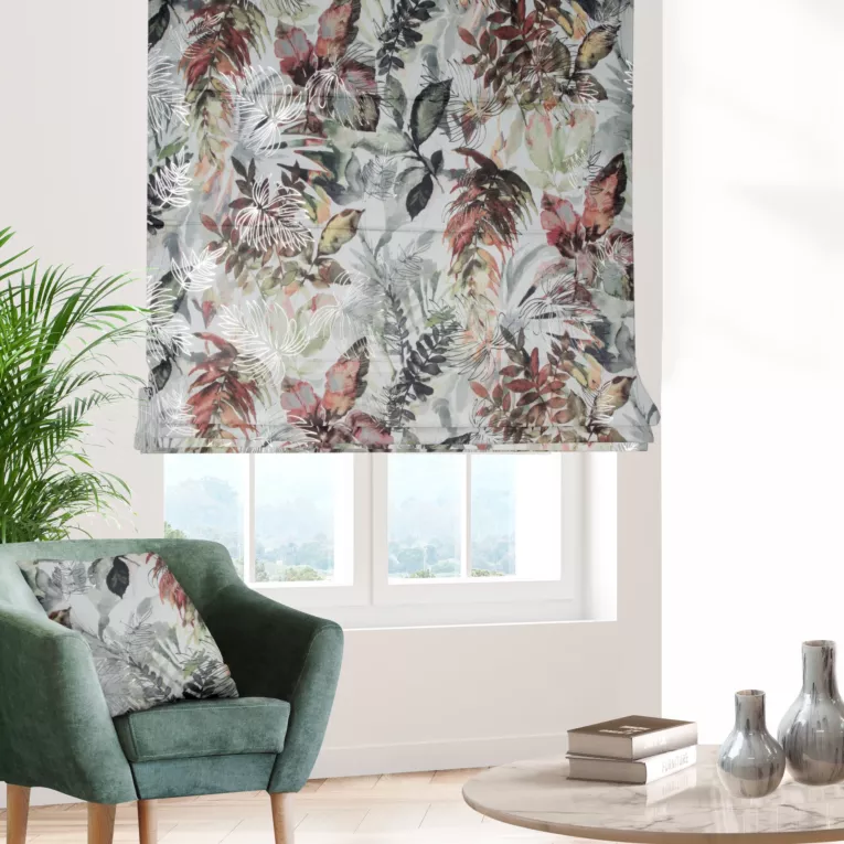 Roleta rzymska biało ruda miękka, welwetowa, z nadrukowanym motywem botanicznym i błyszczącymi elementami