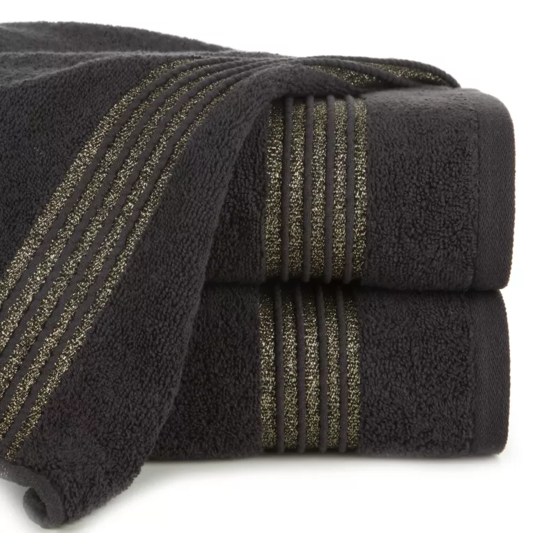 Ręcznik kąpielowy 50x90 cm bawełniany kolor czarny zdobiony paseczkami przeszywanymi błyszczącą nicią 500 g/m2 LILA