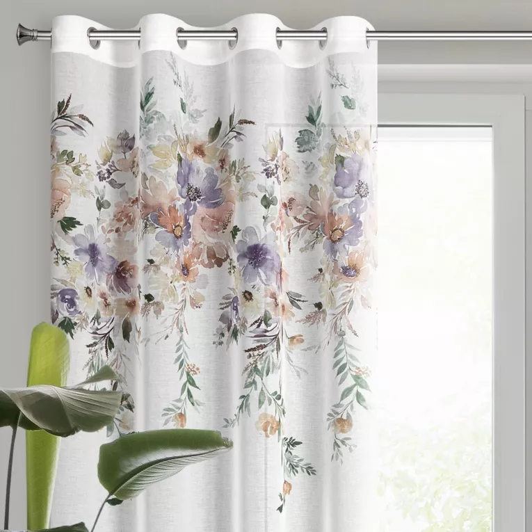 Dekoracja okienna biało, fioletowa z modnym nadrukiem kwiatów z etaminy 140x250 cm przelotka MERLA