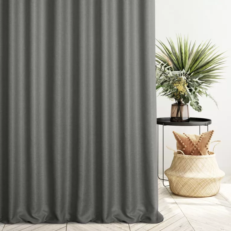 Zasłona szyta na flexach popielata z tkaniny typu dimout o średnim stopniu zaciemnienia