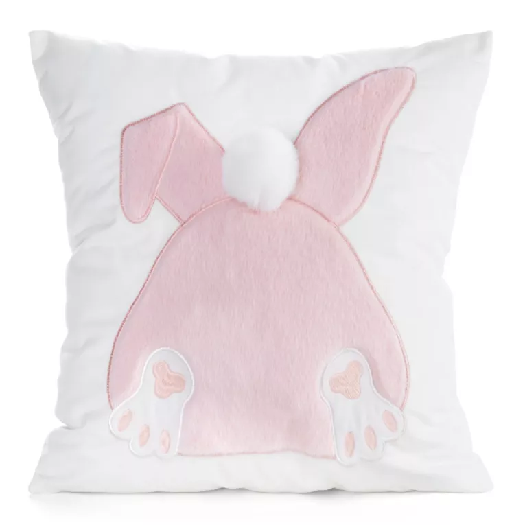Wielkanocna poszewka na poduszkę 45x45 cm welwetowa z uroczym zajączkiem biała, jasnoróżowa WIOSNA 129