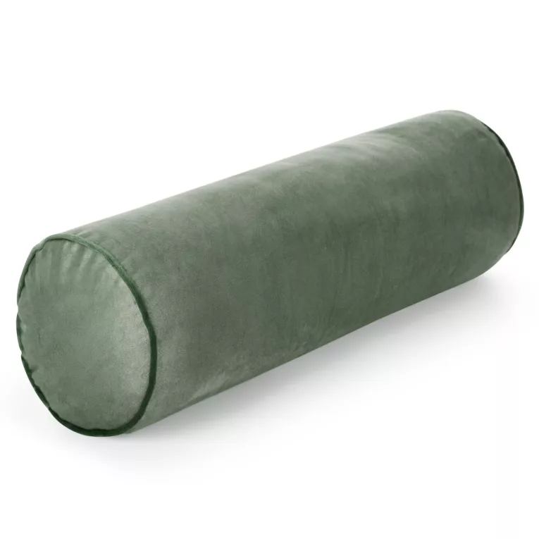 Poduszka dekoracyjna wałek 15 x 45 cm welwetowa oliwkowa zdobiony kontrastującą lamówką GAJA