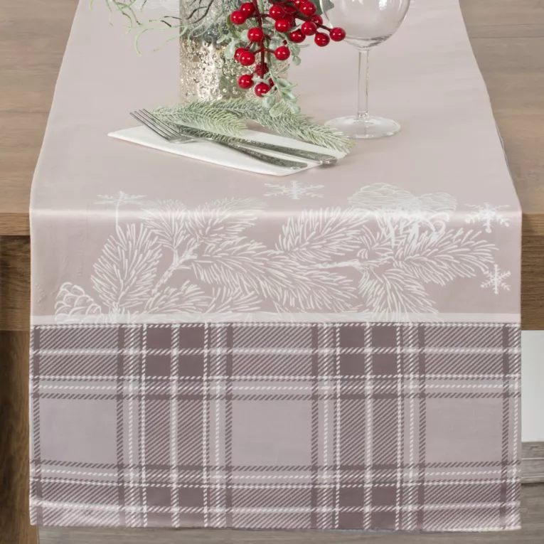 Bieżnik na stół beżowy 40x140 cm welwetowy HOLLY z motywem świątecznymi i ozdobną kantą w kratę