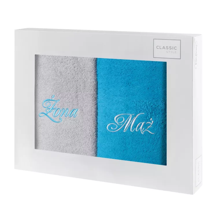 Zestaw ręczników bawełnianych  2 szt z haftem Żona i Mąż kolor popielaty,turkusowy 400 g/m2
