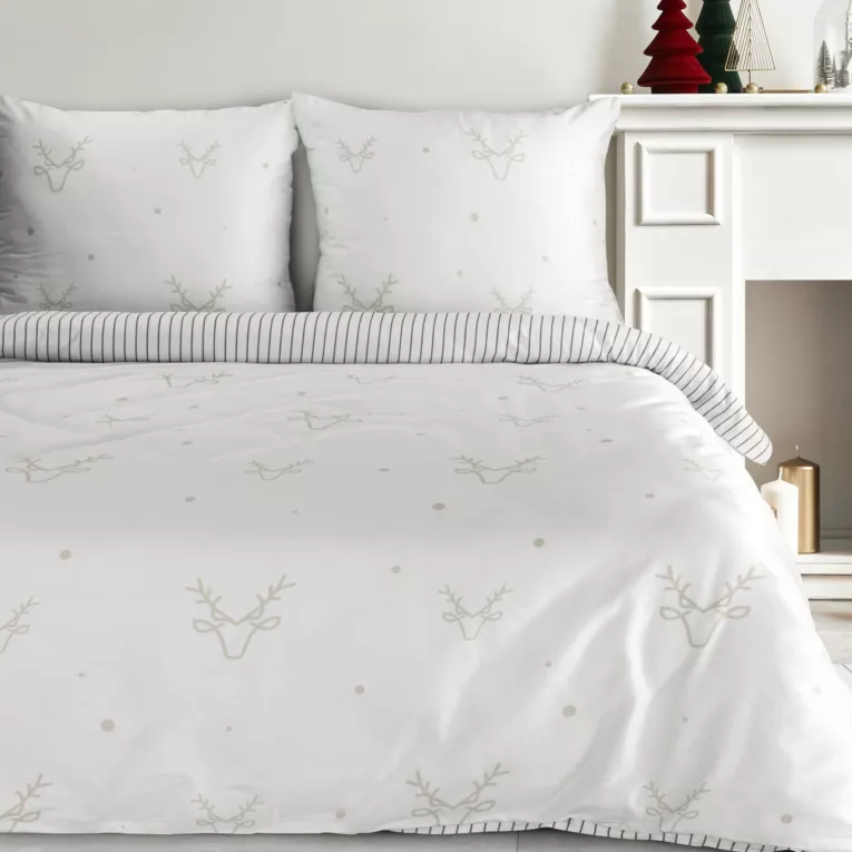 Pościel świąteczna 160x200 cm satyna bawełniana kolor biały, beżowy zdobiona nadrukiem subtelnych reniferów BOSQUE