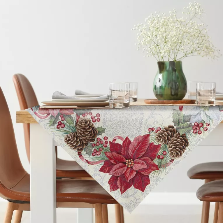Obrus 100x100 cm srebrzysto, czerwony gobelinowy z motywem świątecznym, przetykany srebrną nicią