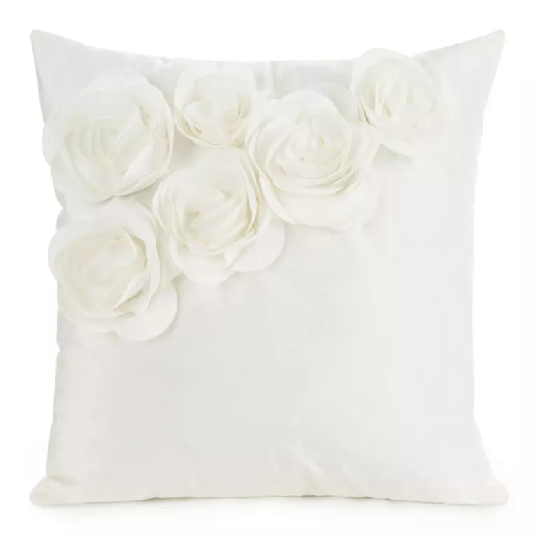 Poszewka na poduszkę 45 x 45 cm z welwetu kolor kremowy zdobiona w róże 3D