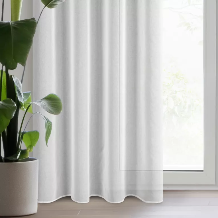 Firana biało, srebrzysta z ozdobnym pasem srebrnych liści w górnej części 140x250 cm przelotka