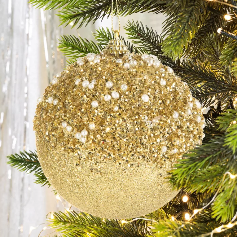 Bombka choinkowa zdobiona brokatem, cekinami, perełkami