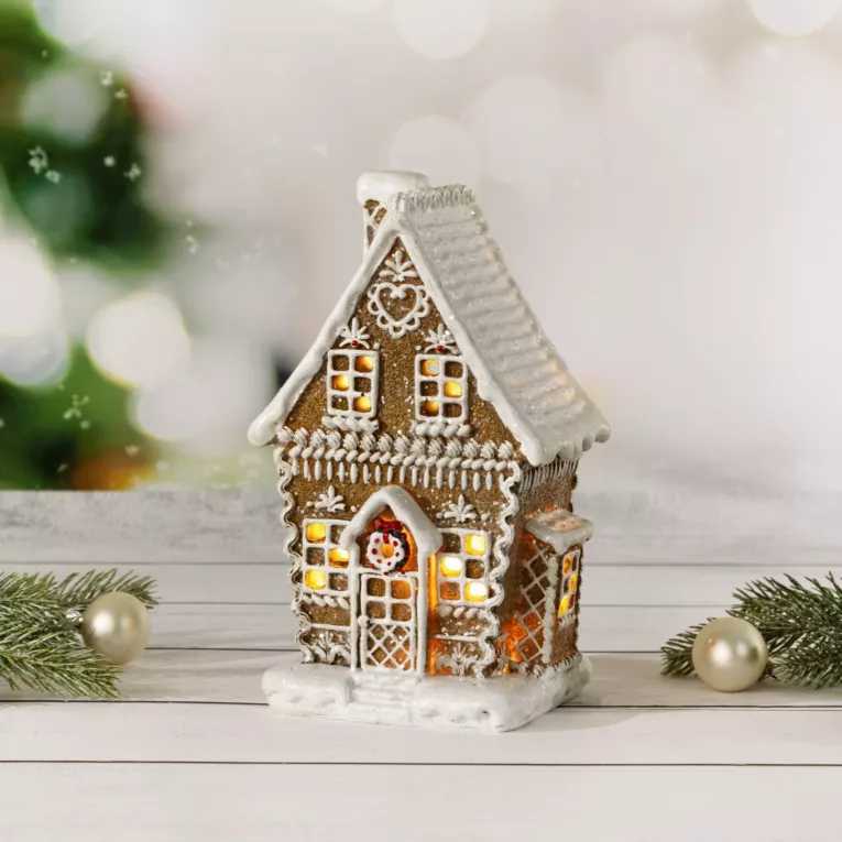 Figurka świąteczna CHATKA Z PIERNIKA ze światełkami LED