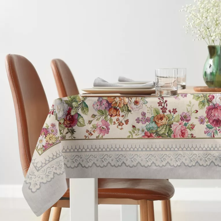 Obrus jasnoszaro, różowy 140x180 cm gobelinowy zdobiony tkanym motywem kwiatowym