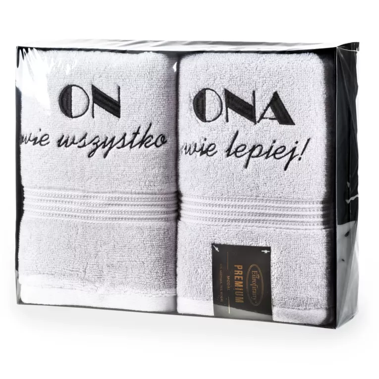 Zestaw ręczników bawełnianych na prezent 2 szt 50x90 cm kolor biały, czarny z haftem ONA, ON