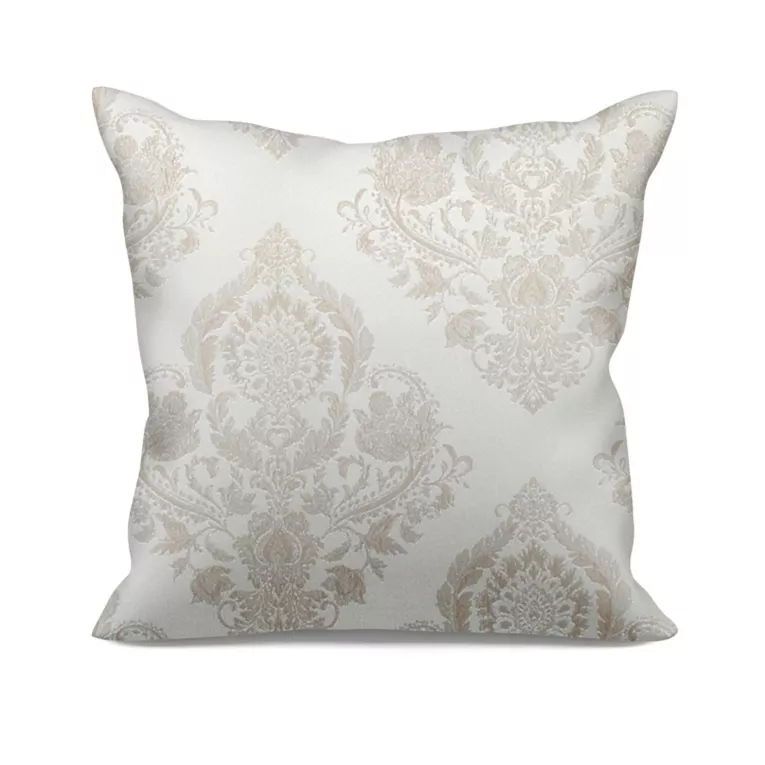 Poszewka szyta jasnobeżowo beżowa tkanina w ornamentowy wzór, z dodatkiem połyskującej nici