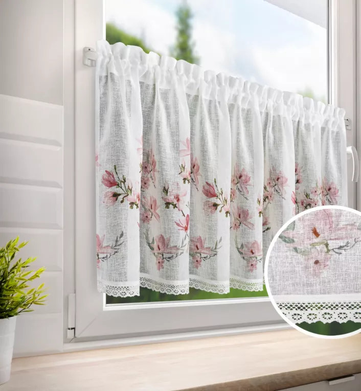 Zazdrostka biało, różowa z etaminy zdobiona nadrukiem magnolii i koronką, styl rustykalny 150x60 cm tunel AMELIA