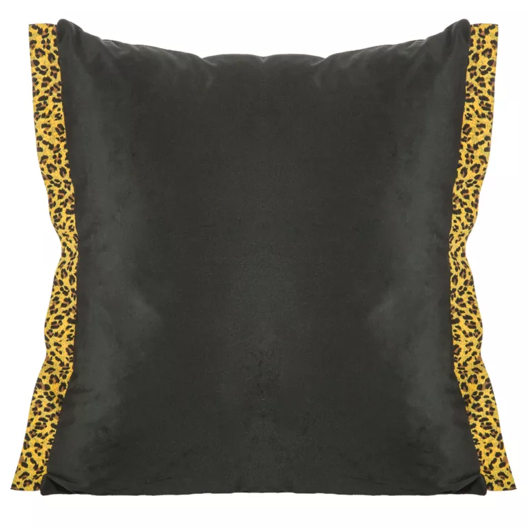 Poszewka na poduszkę 45x45 cm welwetowa, czarno, złota z ozdobnymi brzegami z tkaniny w cętki VIVIANE