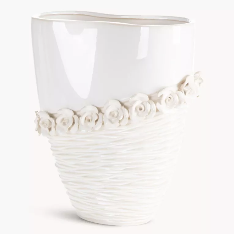 Wazon dekoracyjny kremowy zdobiony kwiatami 3D 27x13x32 cm ELIANA