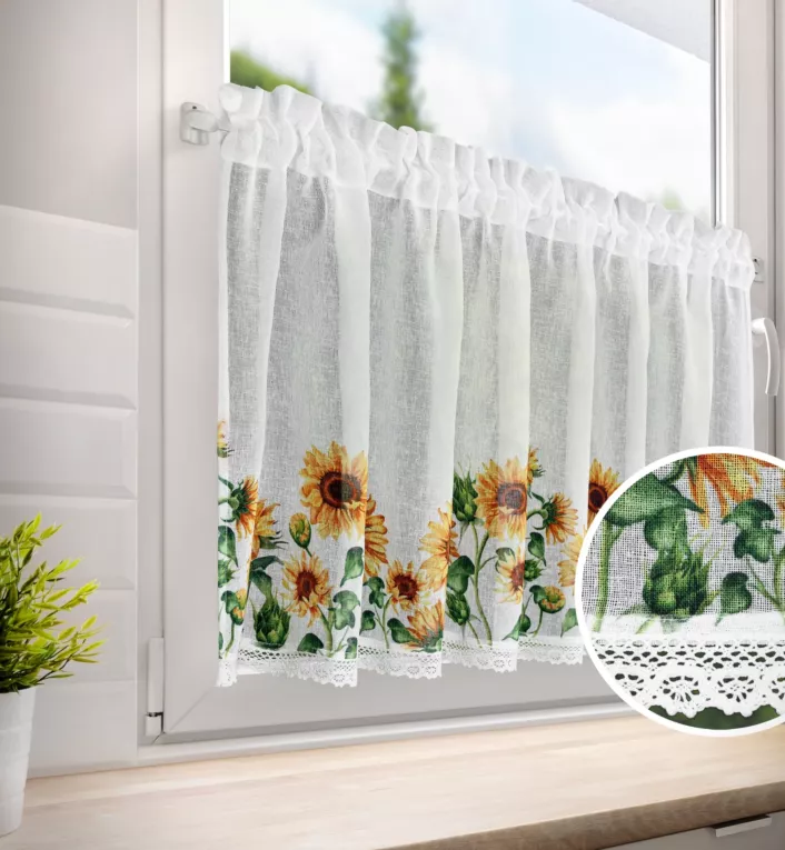 Zazdrostka biało, pomarańczowa z etaminy z zdobiona kwiatowym nadrukiem i koronką 150x60 cm tunel HELIA