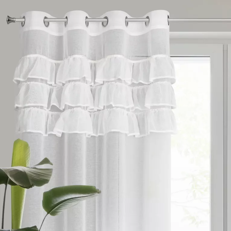 Firana biała z etaminy zdobiona falbanami 140x250 cm przelotka SAMI