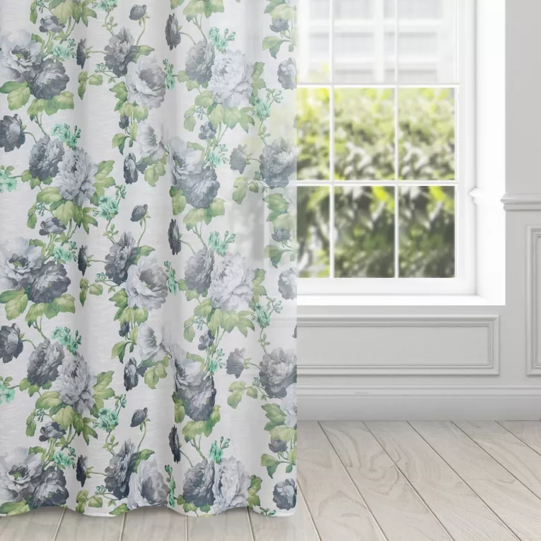 Zasłona biało, zielona ze wzorem kwiatowym z etaminy 140x250 cm przelotka - MONA